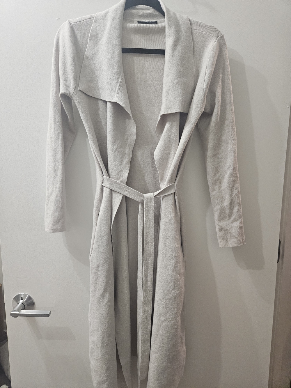 Tahari Light Gray Drape Front Belted Trench Cardigan